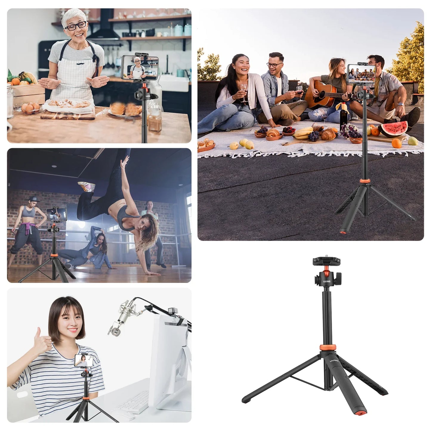 UURIG TP-02/TP-03 Selfie Stick Tripod — Flexible Ball, 130cm Max Height with 1/4'' Screw for Smartphone & Camera Vlogging
