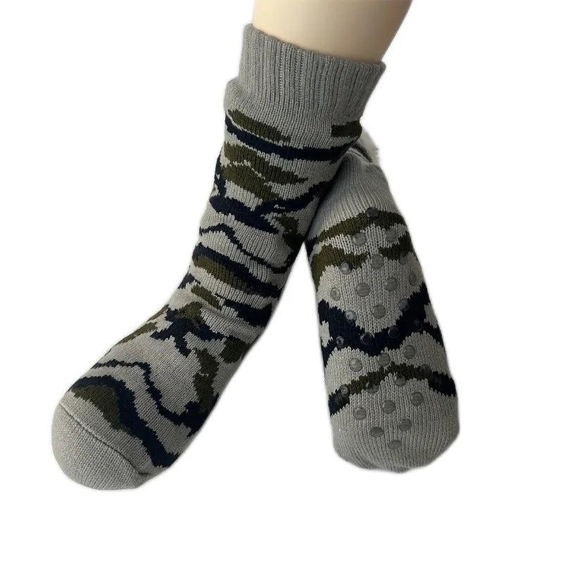 Men’s Winter Thermal Socks – Warm Leopard Print Short Plush Velvet Non-Slip Fuzzy Floor Socks, Camouflage Gift 2023