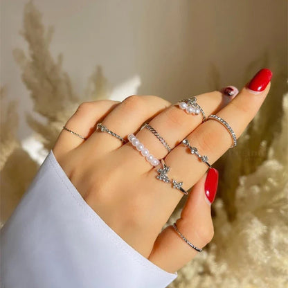 Bohemian Butterfly Pearl Rings Set – Vintage Gothic Plated Retro Rhinestone Finger Jewelry for Women, Gift Idea