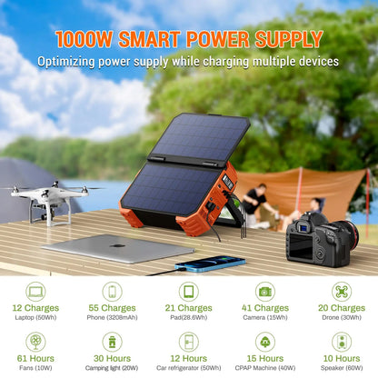 Portable 1000W Power Station with Built-in Solar Panel – 614Wh LiFePO4 Battery Pack Solar Generator with AC/DC/USB/PD
