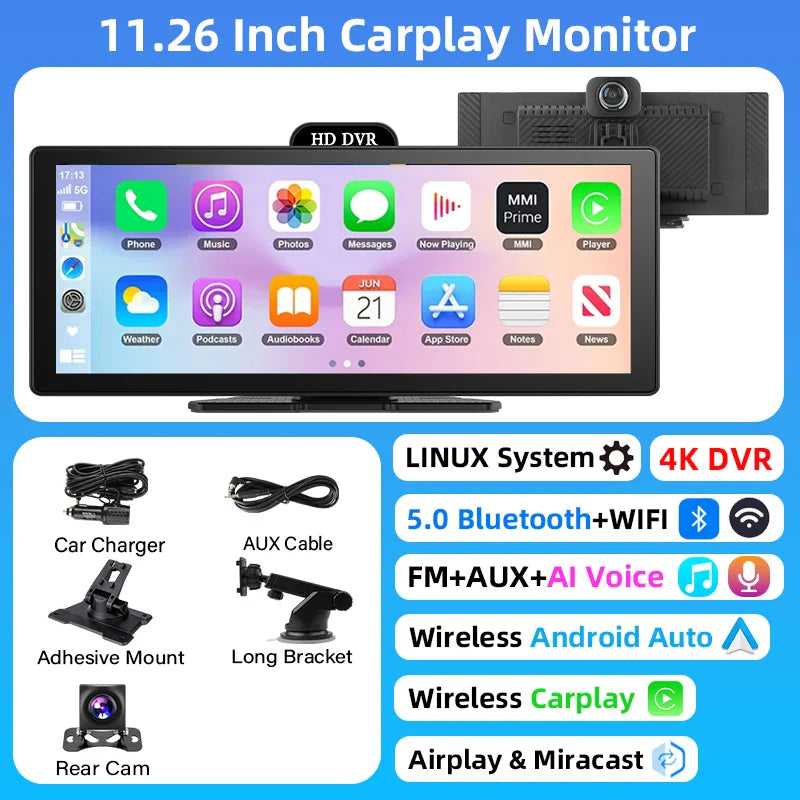 11.26-Inch 4K Dash Cam – Wireless CarPlay & Android Auto, Dual Lens DVR, Bluetooth Audio, GPS Navigation Video Recorder