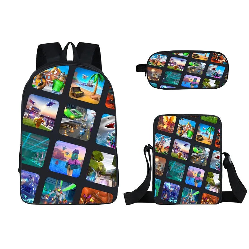 Kids Roblox 3-in-1 Backpack Set — School Bookbag, Shoulder Bag & Pencil Case Waterproof Travel Bag for Teens