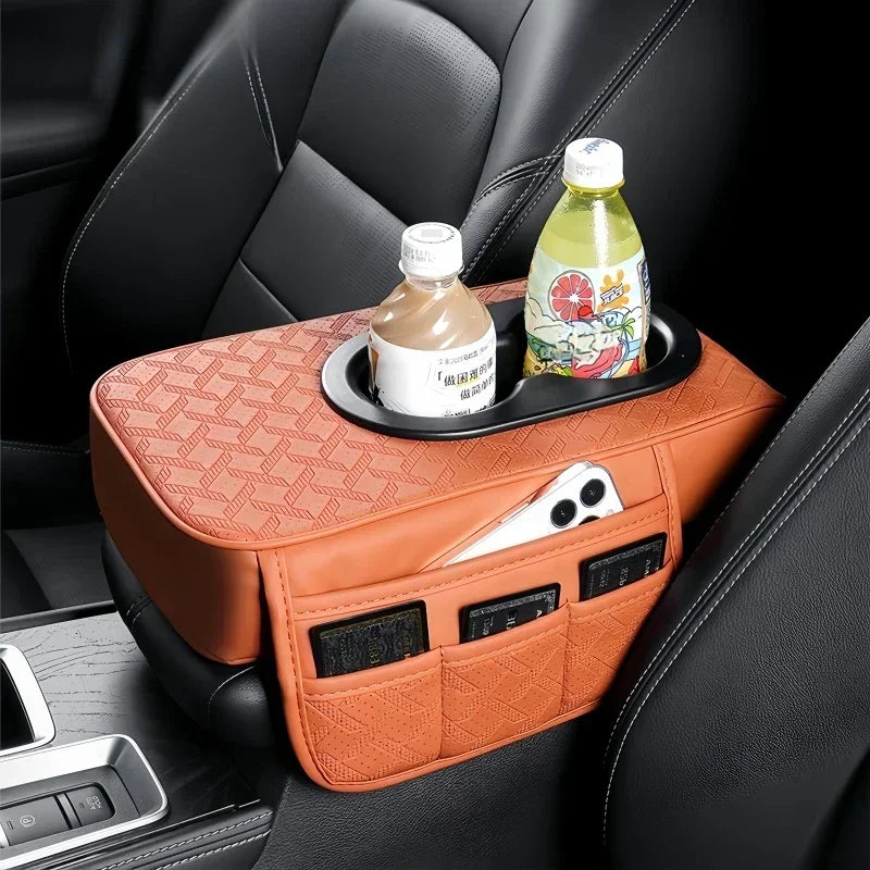 Universal Car Center Console Organizer Armrest Cover – Thickened Storage Pad with 2 Side Pockets & Dual Cup Holders for Cars & SUVs