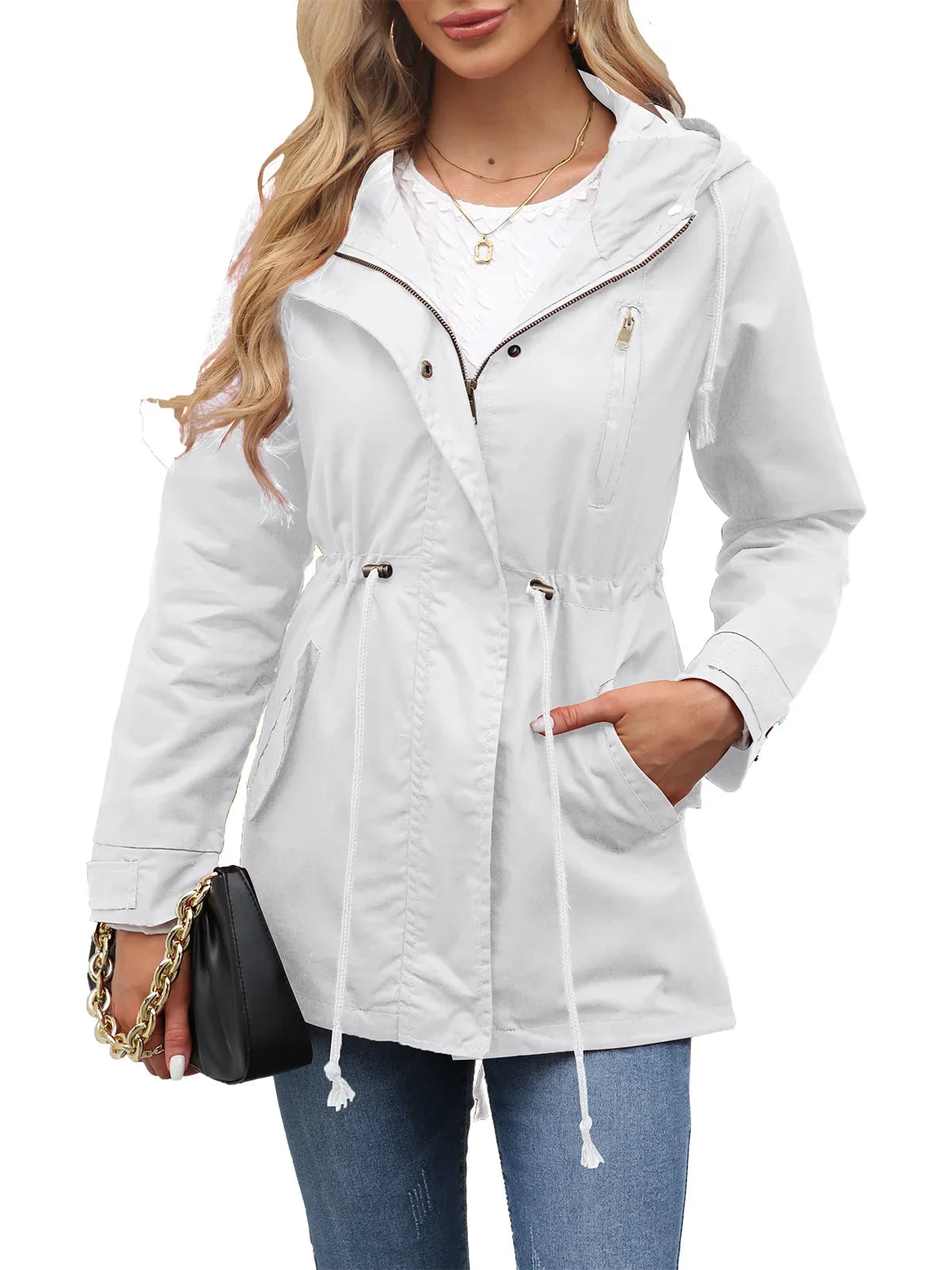 Women’s Hooded Trench Coat - Fitted Solid Color Jacket for Spring, Autumn & Outdoor Wear