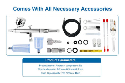 Dual-Action Gravity Airbrush Kit with 0.2/0.3/0.5mm Needles, 7/20/40cc Cups & Cleaning Tools for Makeup, Nail Art, Painting & Car Detailing