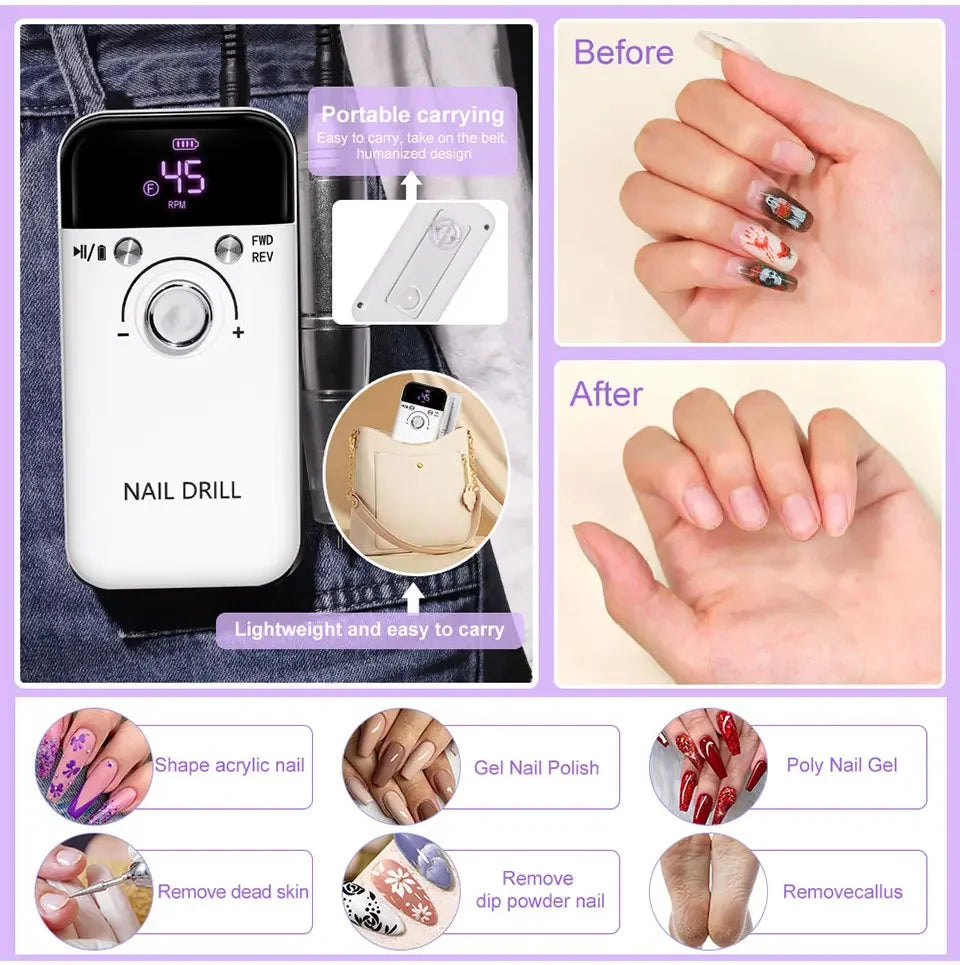 45000RPM Electric Nail Drill – Professional Rechargeable Nail File for Gel Nails, Portable Manicure Tool