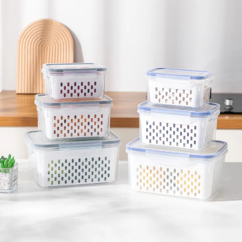 Refrigerator Preservation Storage Box - Drain Basket Containers Sealed Box for Vegetable and Fruit, Food Grade Drain Box