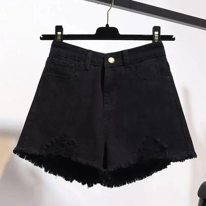 Summer Women’s Korean High Waist Cowboy Denim Shorts — Casual White Jeans with Pockets, Tassels & Ripped Holes Y2K Style
