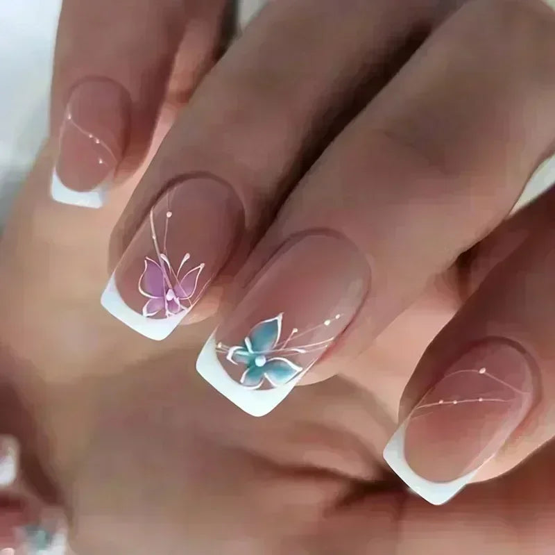 24PCS Short Square Coffin False Nails – French Glitter Acrylic Press-On Nail Tips with Glue, Wearable Fake Nails Set