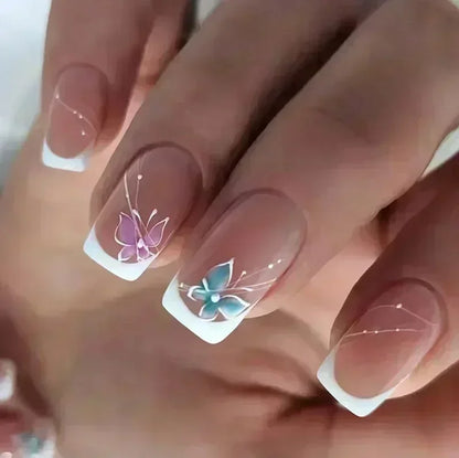 24PCS Short Square Coffin False Nails – French Glitter Acrylic Press-On Nail Tips with Glue, Wearable Fake Nails Set