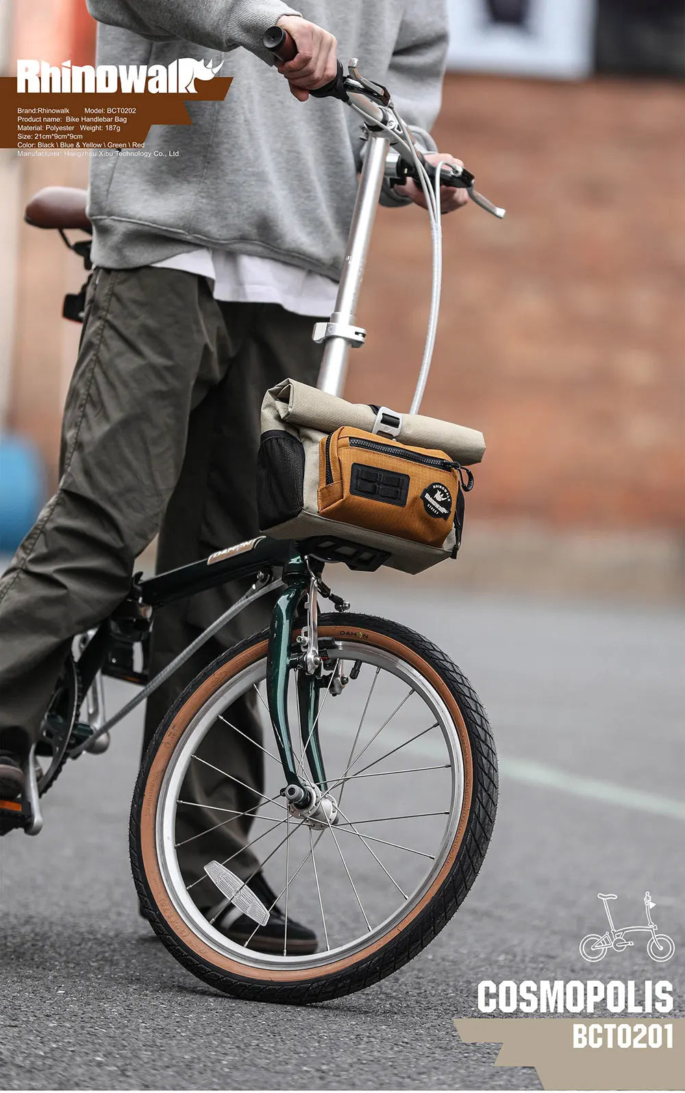 Rhinowalk 4L Bike Handlebar Bag — Quick Release Front Tube Basket with MOLLE for Brompton Folding Bikes