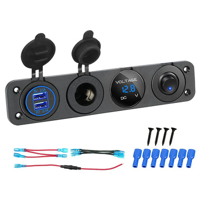 4-in-1 Marine Switch Panel | 12V Dual USB Charger, Power Outlet, LED Voltmeter & Cigarette Lighter Socket