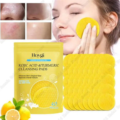 Turmeric & Kojic Acid Facial Cleansing Pads — Lemon Deep Cleanse, Brightening & Whitening Cotton Pads for Face Skincare