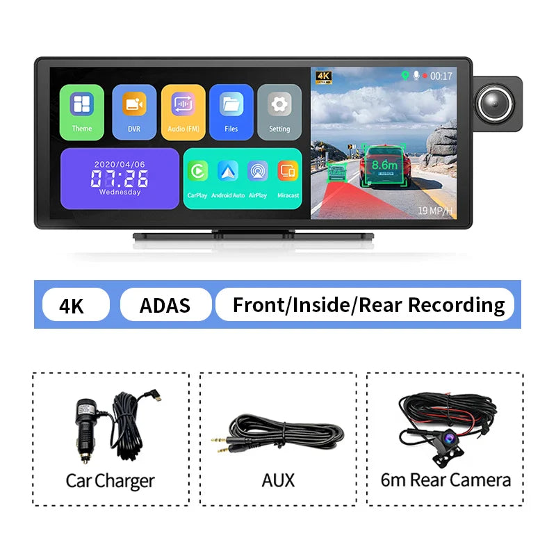 11.3" Imagebon H50 Dash Cam 4K - ADAS, Wireless CarPlay & Android Auto, 3-Channel Recording, Time Lapse & 24H Park Monitor