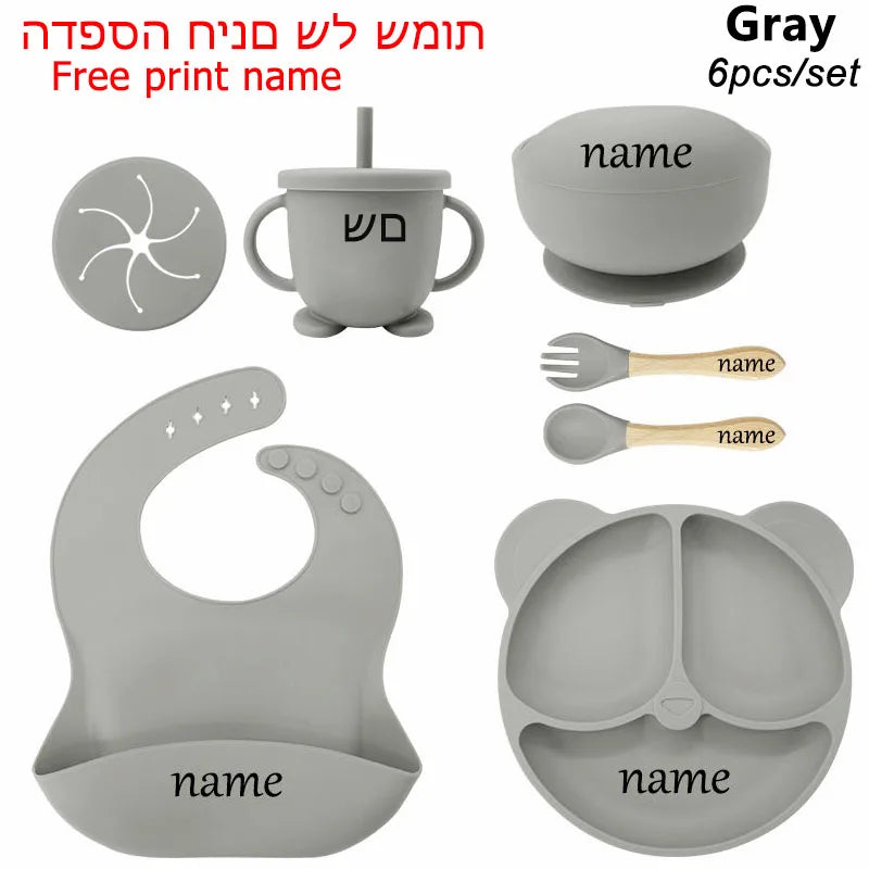 6-Piece Baby Feeding Plate Set – Silicone Suction Bowls, Plates, Cups & Spoon for Kids, Personalized Name Tableware