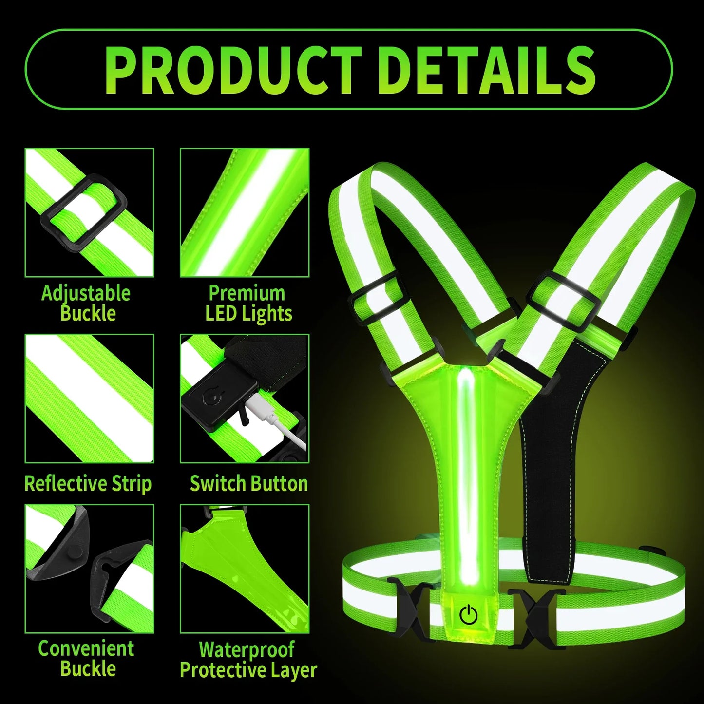 LED Running Vest – USB Rechargeable Reflective Glowing Straps for High Visibility Night Running & Cycling, Elastic Safety Band