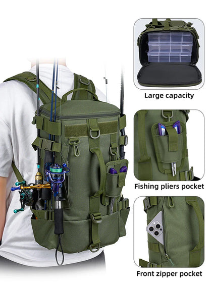 Tactical Fishing Backpack – Multifunctional Tackle Bag with Rod Holders, Molle Storage for Fishing, Camping & Hiking