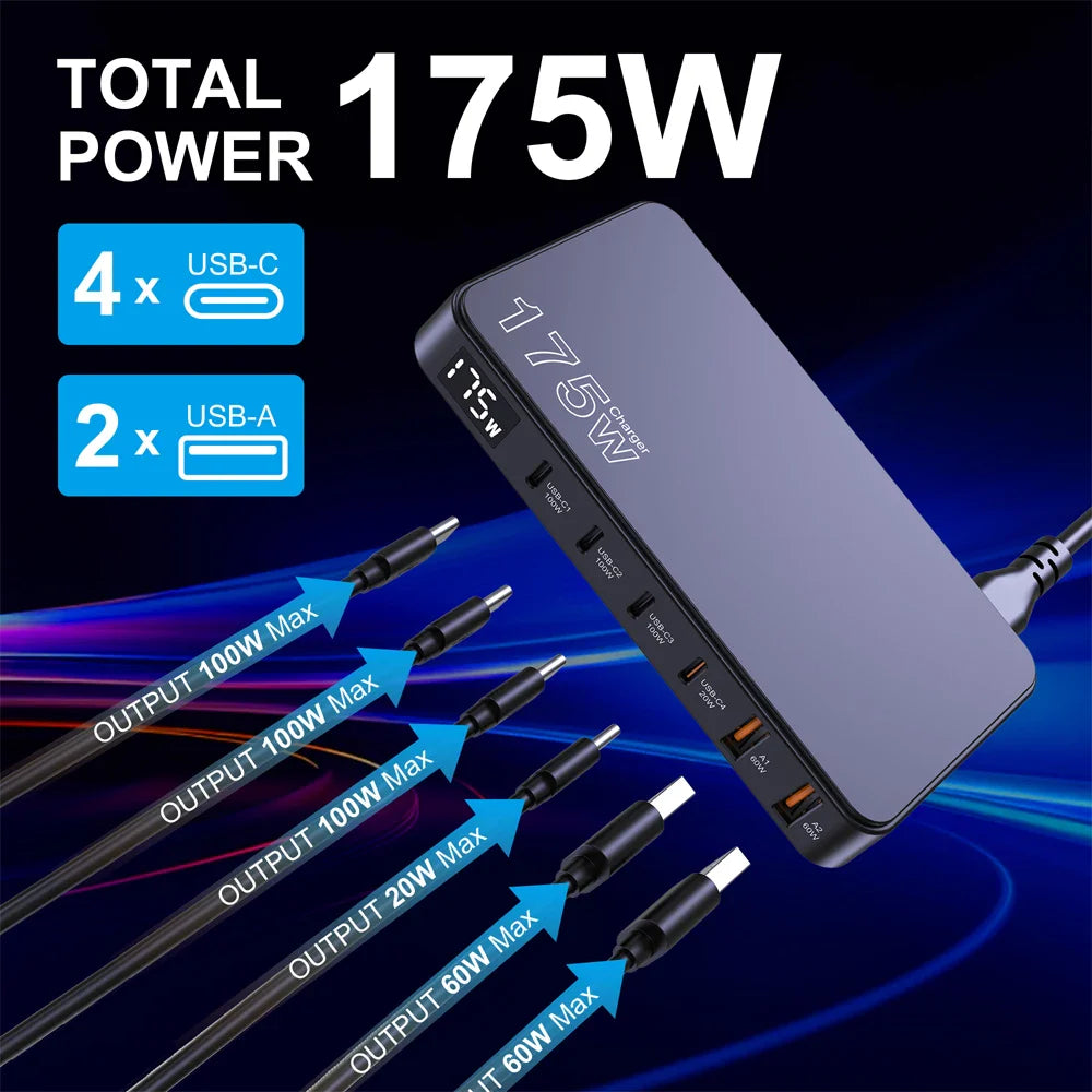 Ueetop 175W GaN USB-C Charger – 6-Port Desktop Charger with LED Display, PD 100W, PPS 45W Fast Charging for MacBook, Samsung, iPhone