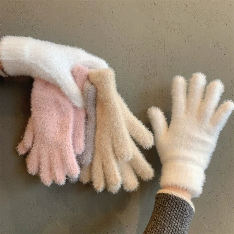 Fashion Winter Mink Velvet Gloves for Women - Plush Warm Cold-Proof Five Finger Mittens, Ideal for Outdoor Cycling in Solid Colors