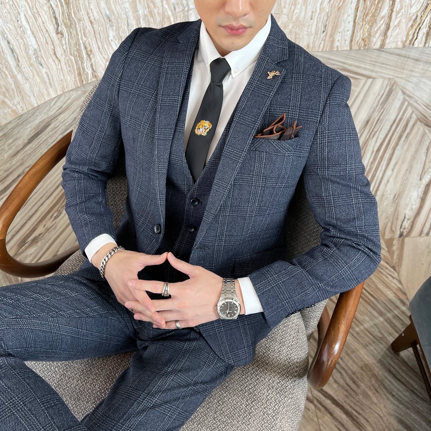 Men’s British Korean Plaid Three-Piece Suit – Stylish Business Casual Set with Blazer, Vest & Trousers