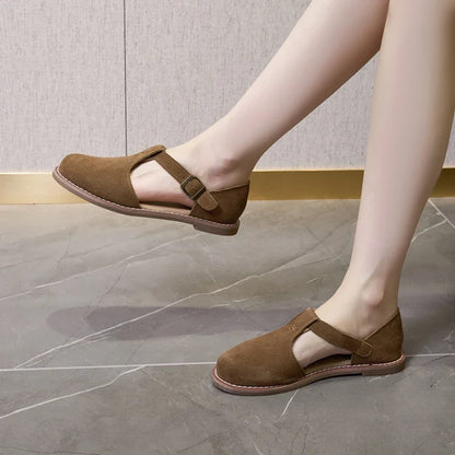 AIYUQI Women’s Retro Leather Sandals 2024 — Flat Sole Hollow Roman Style Summer Shoes