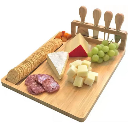 Bamboo Cheese Board Set – Square Wooden Board with Knife Holder, 4 Stainless Steel Knives & Dessert Plate