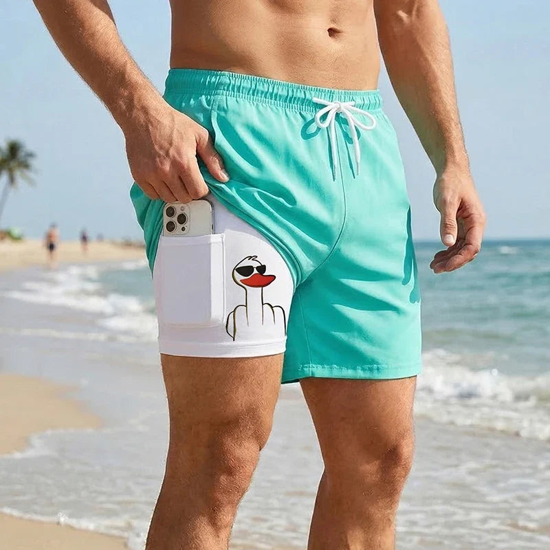 Men's Funny Duck Print Swim Shorts - Quick-Dry 2-in-1 Beach Board Shorts with Phone Pocket