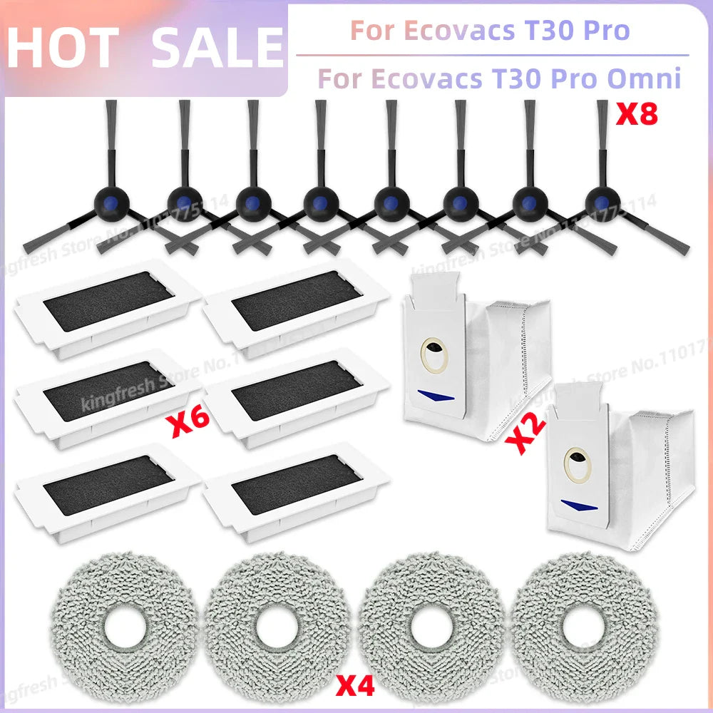 Replacement Parts for Ecovacs T30 Pro Omni & YEEDI M12 Ultra Plus – Main Roller, Side Brush, Filter, Dust Bag, Mop Cloth
