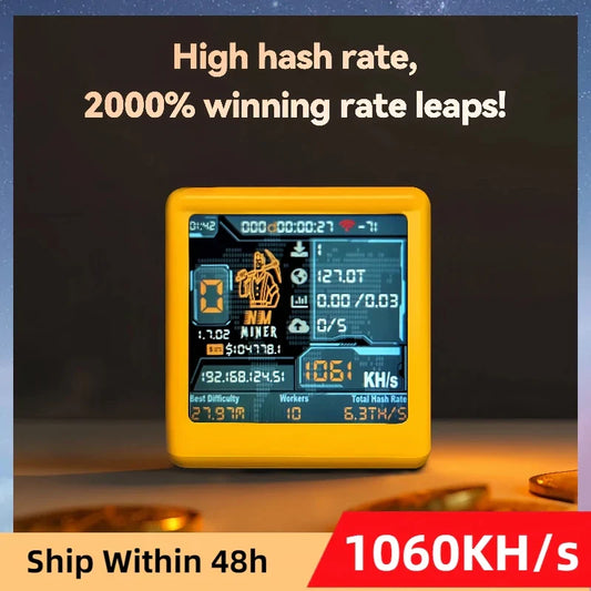 BTC Solo Lottery Miner — ESP32 Desktop Crypto Miner, 1060KH/s Hashrate, Silent, Low Power, Smart TV & Home Gift Clock