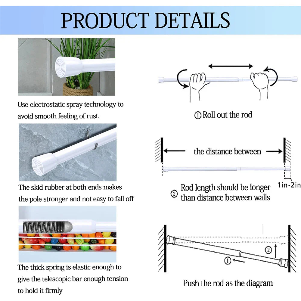 Adjustable Spring Tension Curtain Rods – Durable Extendable Telescopic Poles for Bathroom, Kitchen & Cupboard, No-Drill Installation