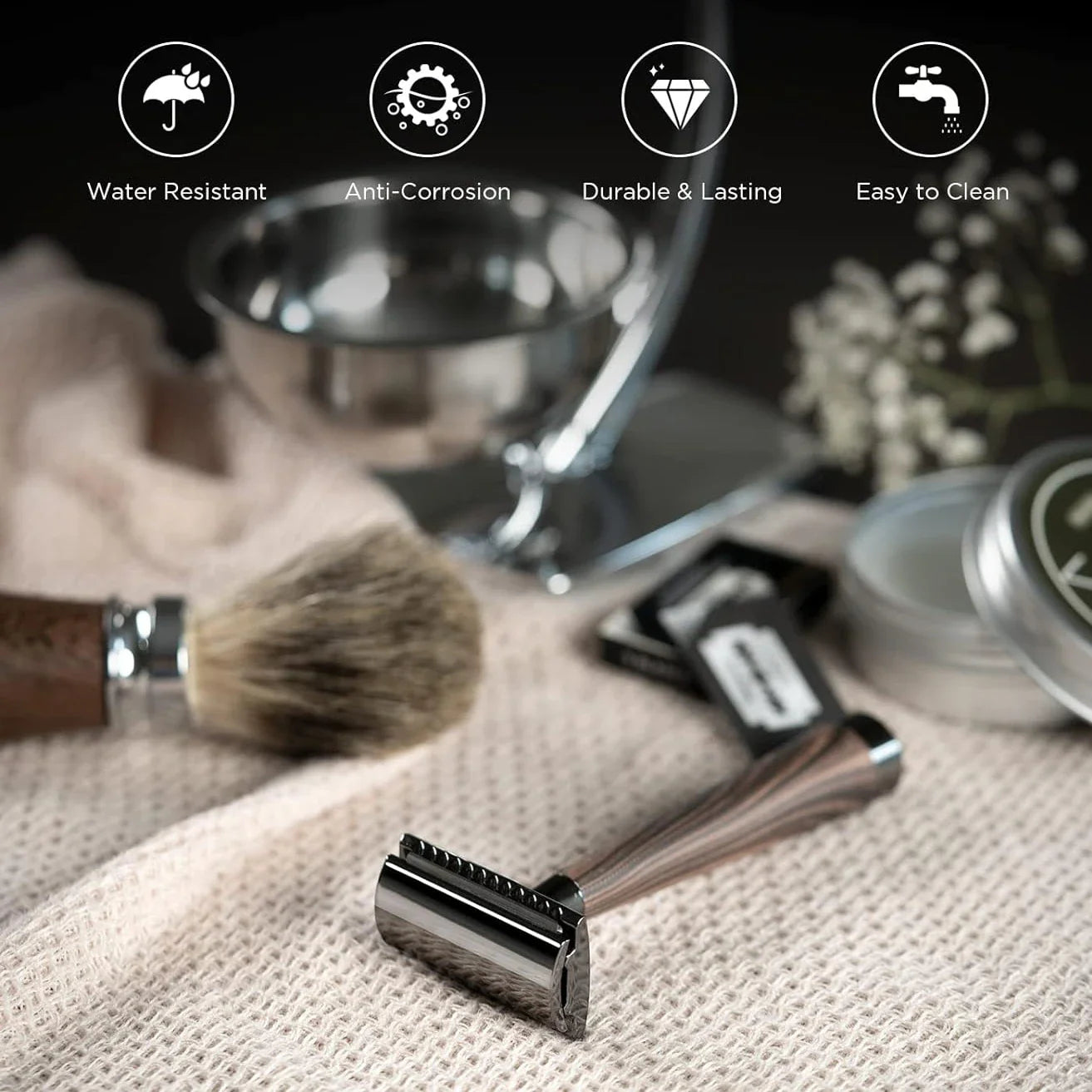 Double Edge Safety Razor – Faux Wood Zinc Alloy Handle with 5 Swiss Stainless Steel Blades, Heavy Duty Eco-Friendly Shaver