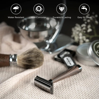 Double Edge Safety Razor – Faux Wood Zinc Alloy Handle with 5 Swiss Stainless Steel Blades, Heavy Duty Eco-Friendly Shaver