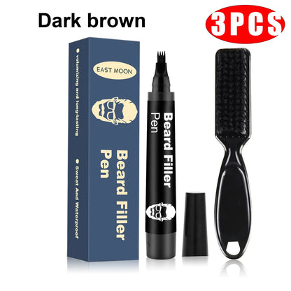 Beard Filler Pen with Brush Kit – Waterproof Long-Lasting Beard & Mustache Coloring Tool for Shaping Hair & Eyebrows