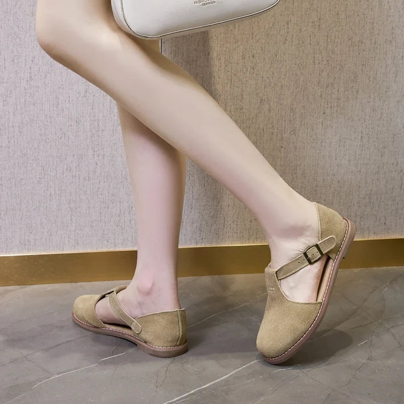 AIYUQI Women’s Retro Leather Sandals 2024 — Flat Sole Hollow Roman Style Summer Shoes