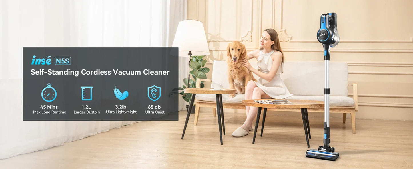INSE Cordless Vacuum Cleaner – 20Kpa Lightweight Stick Vacuum with 2200mAh Battery for Hard Floors, Carpets, Hair & Car Cleaning
