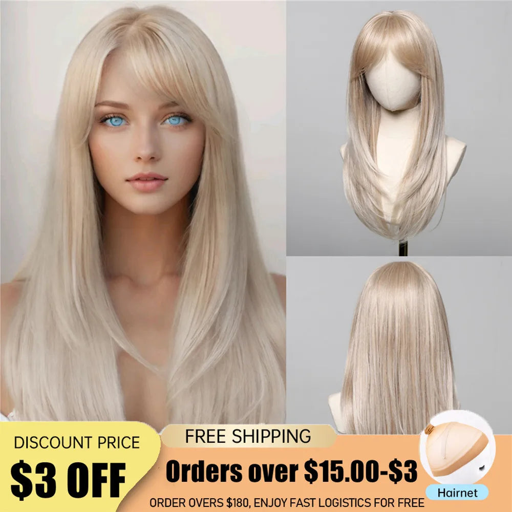 ALAN EATON Blonde Layered Synthetic Wig with Bangs – Long Straight Heat-Resistant Wig for Women & Girls, Natural Daily Hair
