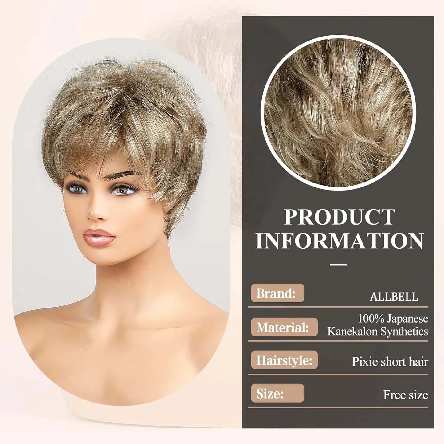 Light Blonde Mixed Off-White Pixie Cut Wig for Women – Bangs with Kanekalon Human-Hair-Like Texture, Natural Layered Hair