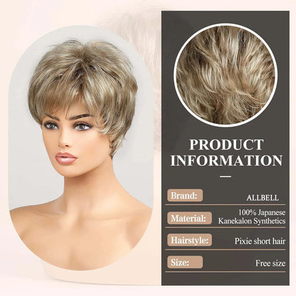 Light Blonde Mixed Off-White Pixie Cut Wig for Women – Bangs with Kanekalon Human-Hair-Like Texture, Natural Layered Hair