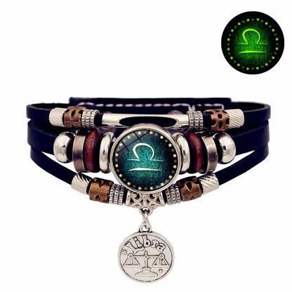 Starry Sky Zodiac Luminous Leather Bracelet - Multi-Layered Beaded Snap Closure for Men & Women, Friendship Bracelet