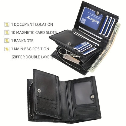 Men’s PU Leather Short Wallet – Vintage Zipper Coin Pocket, Large Capacity Money & Card Holder