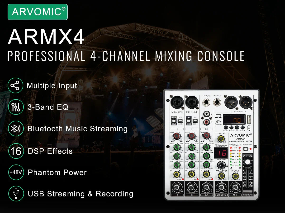ARVOMIC 4-Channel DJ Audio Mixer – USB Interface, Bluetooth, 16 DSP Effects & 3-Band EQ (ARMX-4)