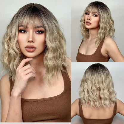 Women’s Grey Wavy Bob Wig with Bangs — Short Blonde Ombre Synthetic Hair with Dark Roots for Daily Wear