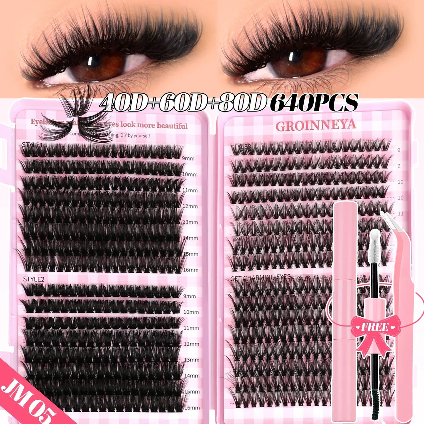 GROINNEYA DIY Mixed Lash Clusters Set – Fluffy Individual Lash Extensions Kit with Bond & Seal for At-Home Makeup