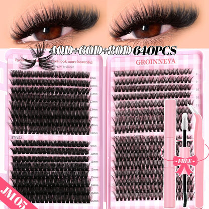 GROINNEYA DIY Mixed Lash Clusters Set – Fluffy Individual Lash Extensions Kit with Bond & Seal for At-Home Makeup