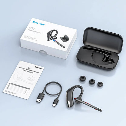 New Bee M51 Bluetooth 5.2 Wireless Headset – Dual-Mic CVC8.0 Noise Cancelling Handsfree Earbuds for Business