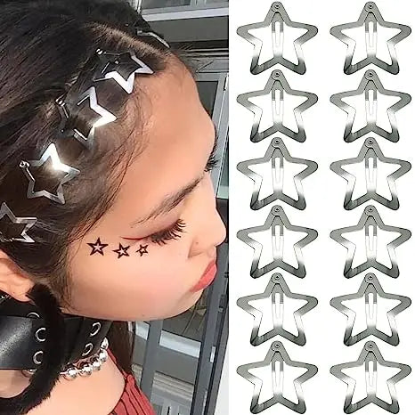 2/50PCS Y2K Silver Star Hair Clips – Filigree Metal Snap Hairpins for Girls, Nickel-Free Hair Jewelry Barrettes