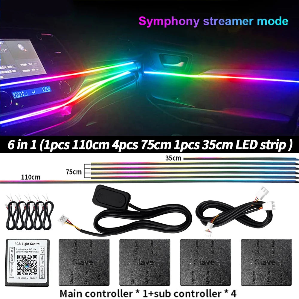 6/10/14/18 in 1 RGB LED Car Ambient Light - APP Controlled Acrylic Interior Atmosphere Strip with 64/213 Color Symphony Lighting