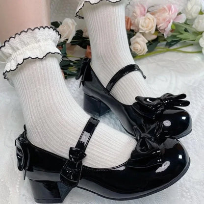 2024 Lolita Style Round Toe Mary Jane Pumps – Cute Bow Midi Heels for Women, Sweet Party PU Shoes