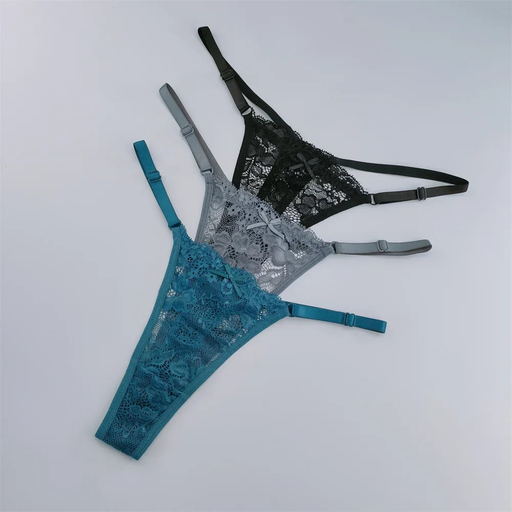 Women's Lace Thong Set - 3-Piece Low Waist Breathable Sheer G-String Lingerie