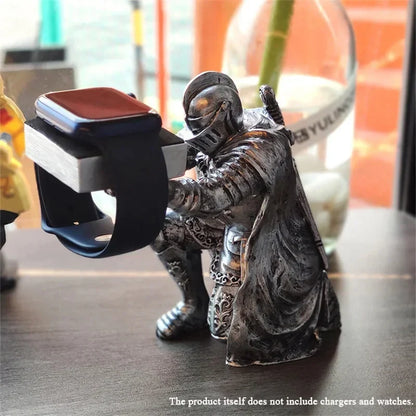 Apple Watch Charging Dock Stand – Cartoon Desktop Smartwatch Holder with Black Warrior Figurine Support